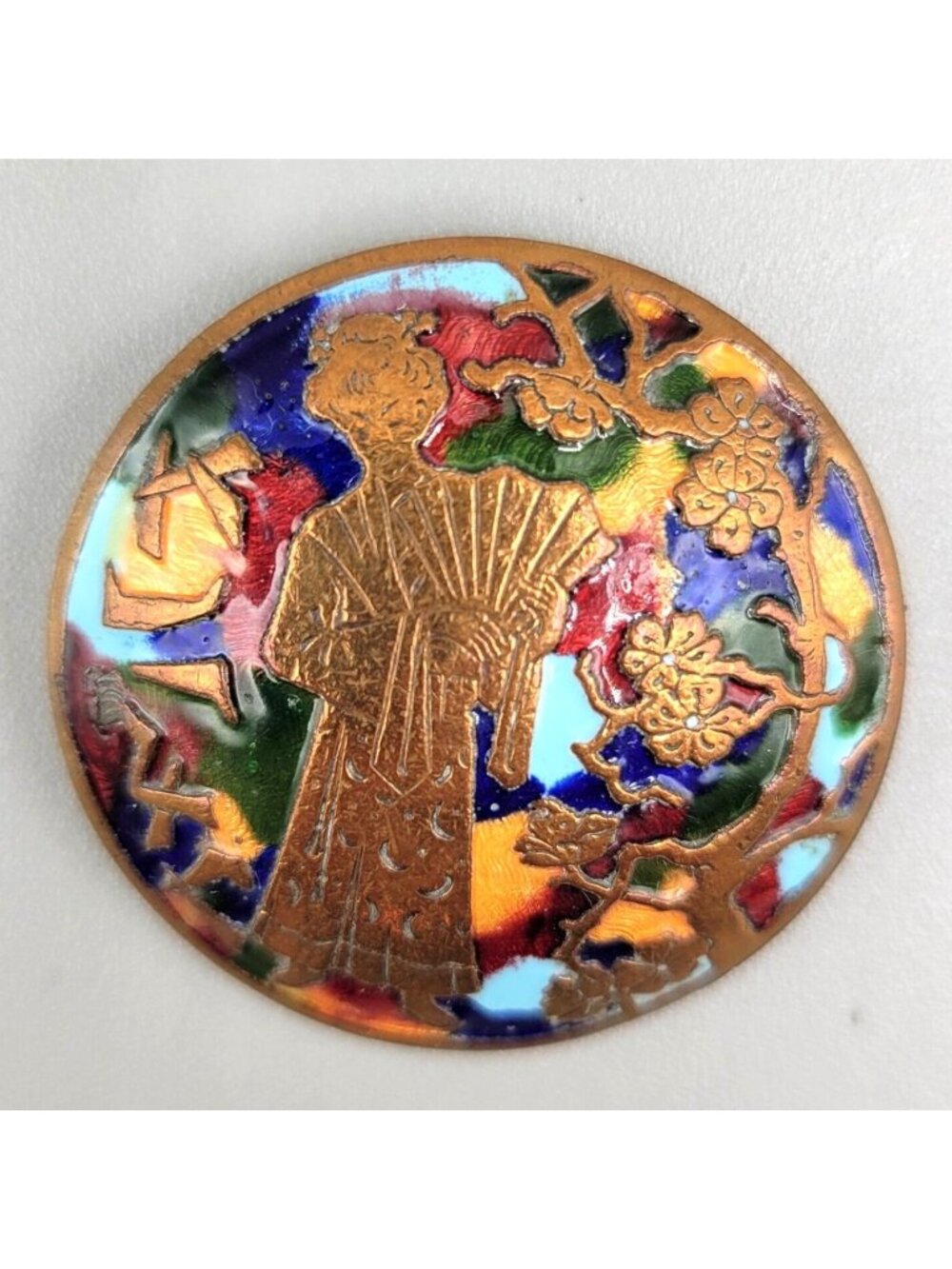 Antique Champleve Brooch Asian Geisha Enamel Copper Round Metal C Clasp